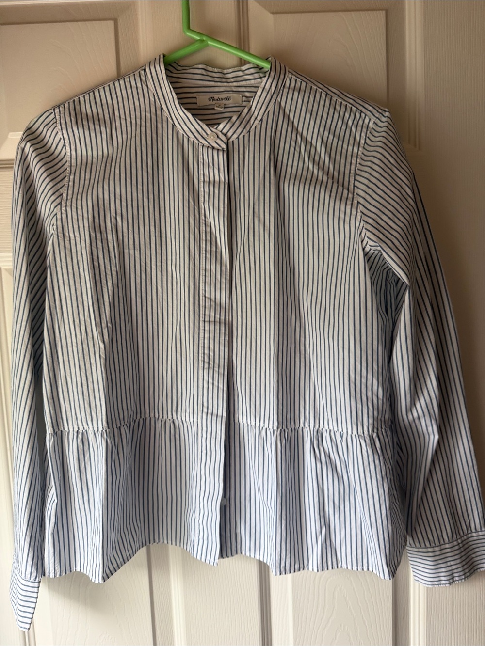 Madewell Blue and White Striped Button-Up Shirt. Peplum style
